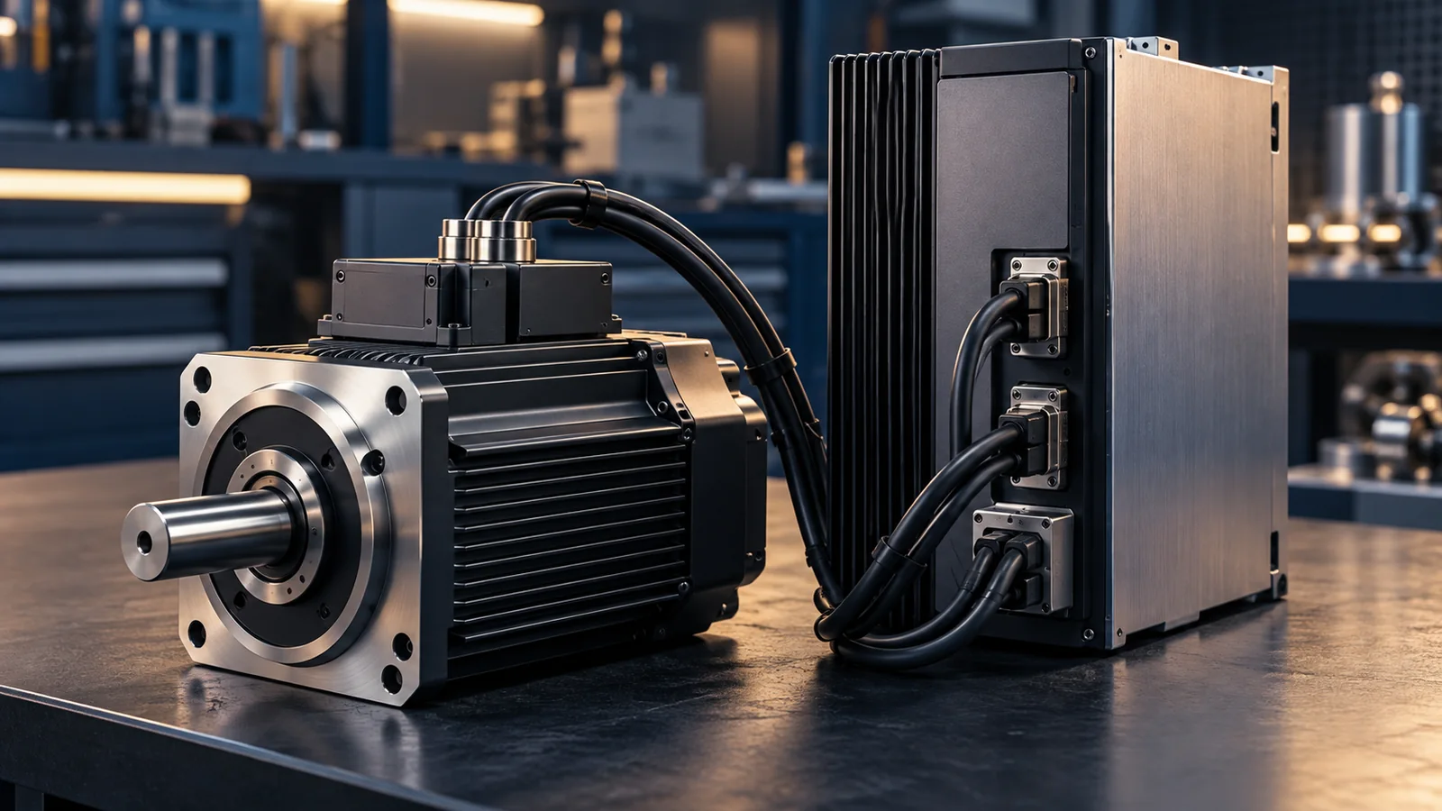 Industrial servo drive connected to a matching servo motor on a workbench
