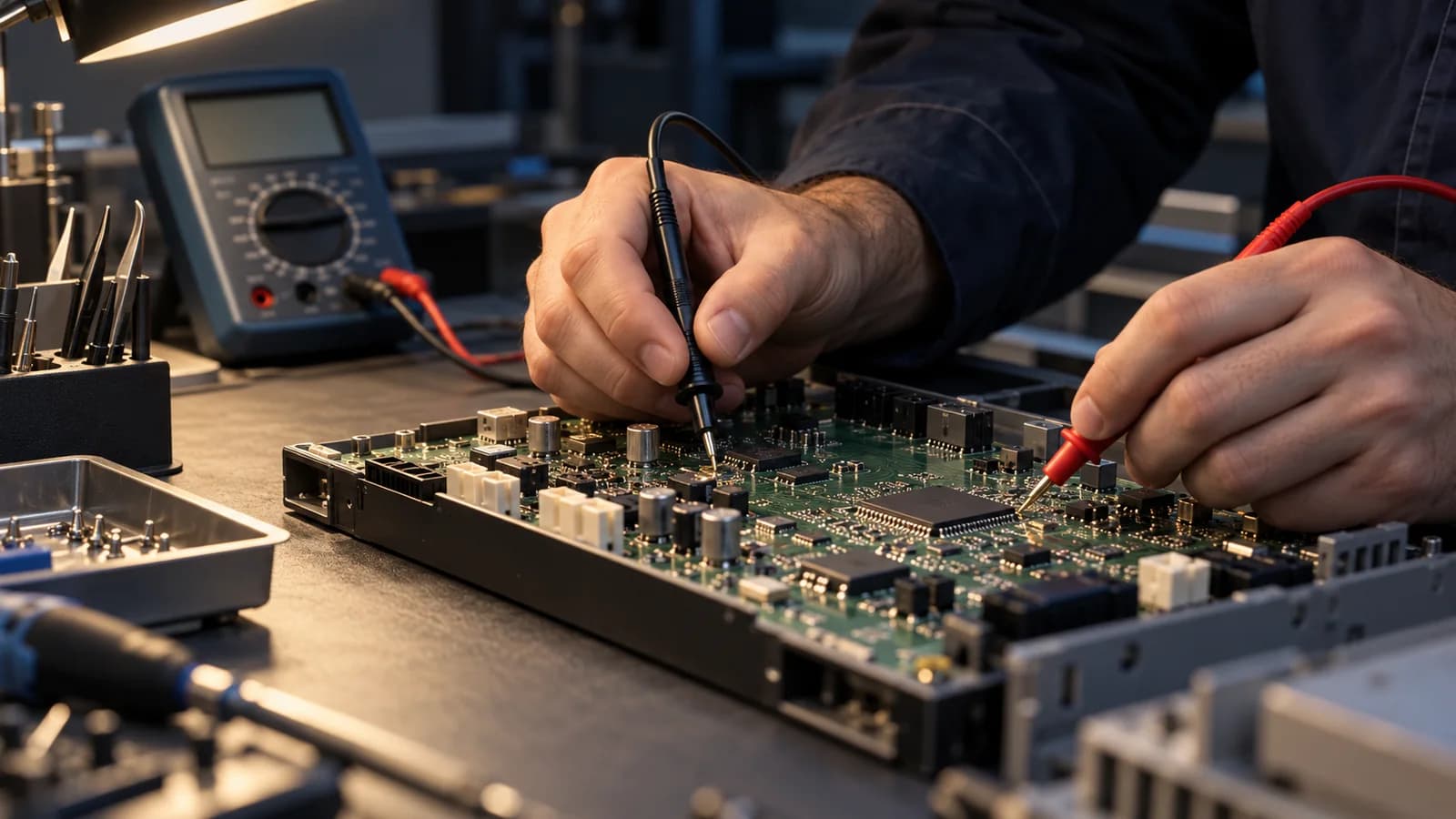 Industrial circuit board under test probes at a repair bench