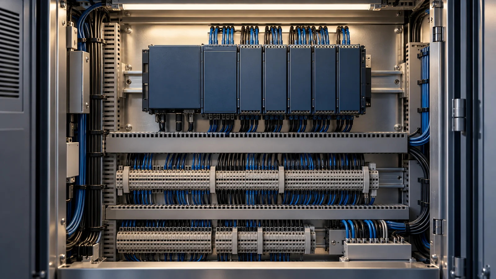 Interior of a PLC automation control cabinet