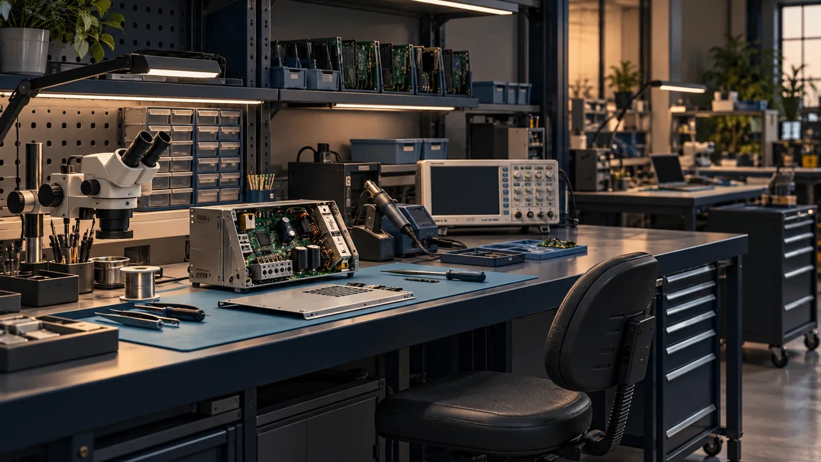 Industrial electronics repair workshop